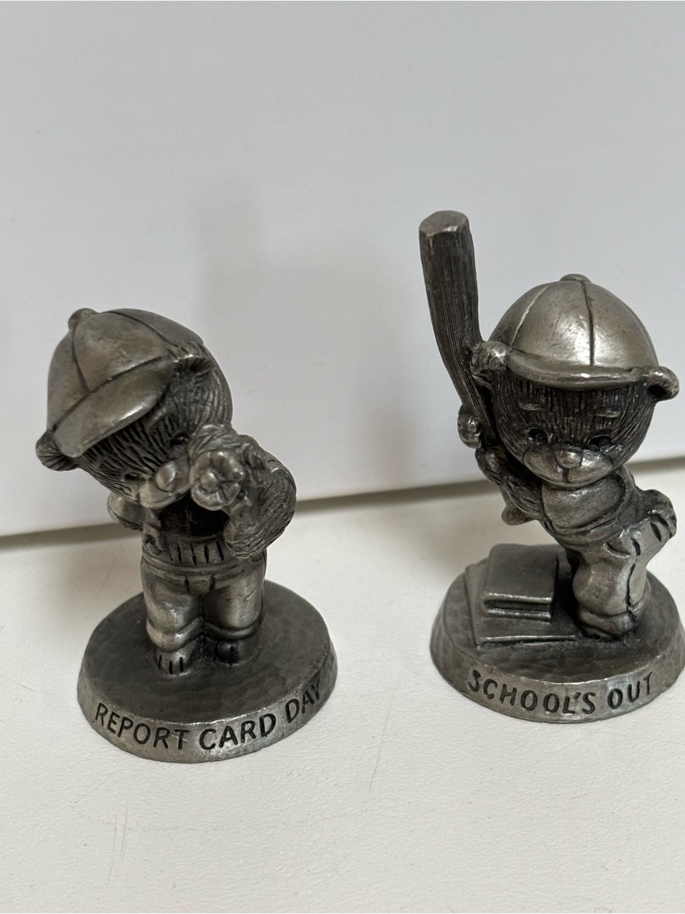 Vintage 1984 Avon Pewter Bear Figurine Pair - 'Report Card Day' & 'School's Out'